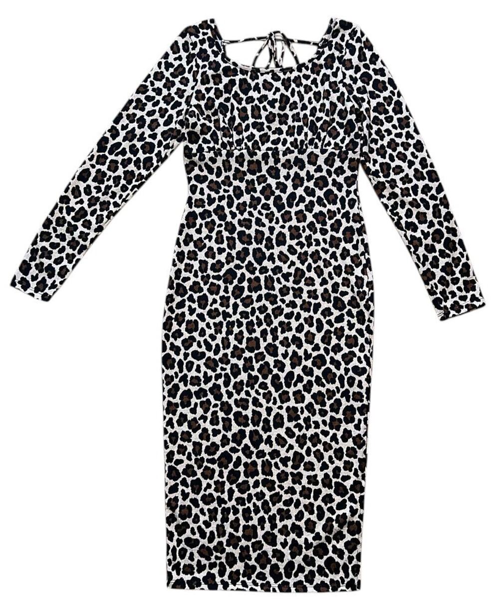 Andree By UNIT Leopard Print Back Tie Stretch Knit Midi Dress Small
